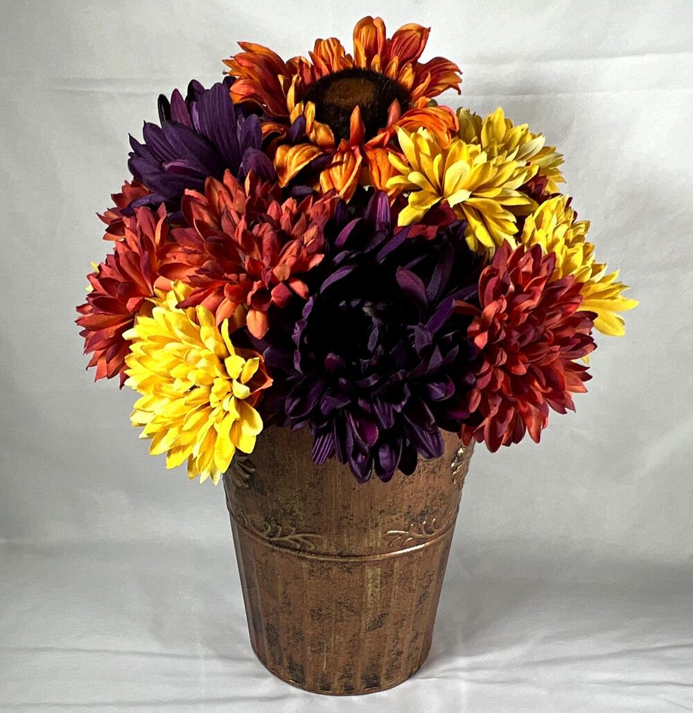 Bronze Metal Door Wall Pocket Basket Fall Flowers Sunflower Mums purple orange